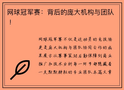 网球冠军赛：背后的庞大机构与团队 !